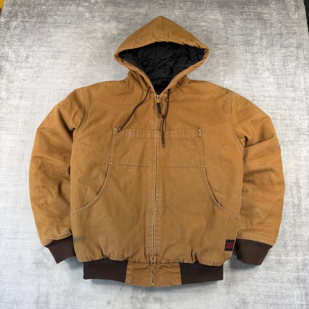 Tough Duck Jacket Mens Large Brown Hooded Canvas Bomber Workwear Quilted Grunge